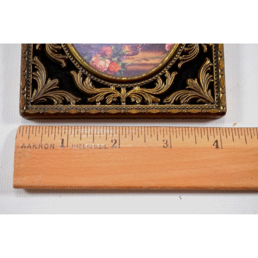 Pair of Vintage Ornate Brass Framed Floral Pictures Made In Italy Flocked 4x5.5